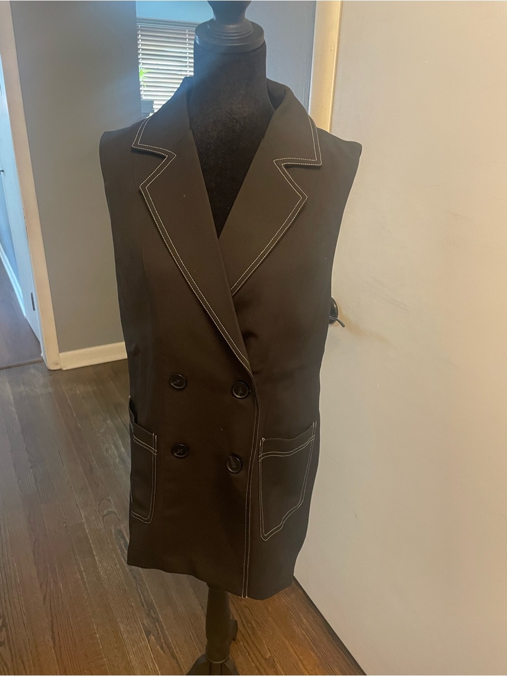 Women’s Black Double-Breasted Sleeveless Blazer Vest with White Topstitching
